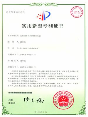 具有調零機構的微差壓表專利證書